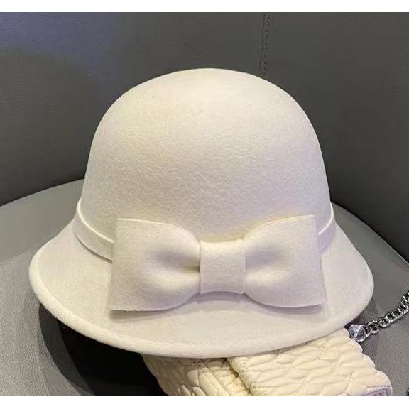 White Women Wide Brim Felt Fedora Hat Bowknot Decor Warm Elegant for Fall Winter