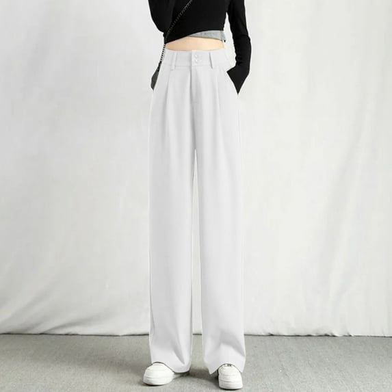 White Women Wide Leg Pants, Long Sleeve Pleated Trousers for Women, Wedding Womens Pants, Women's Wide Leg Pants High Elastic Waisted In The Back Business Work Trousers Long Straight Suit for Summer