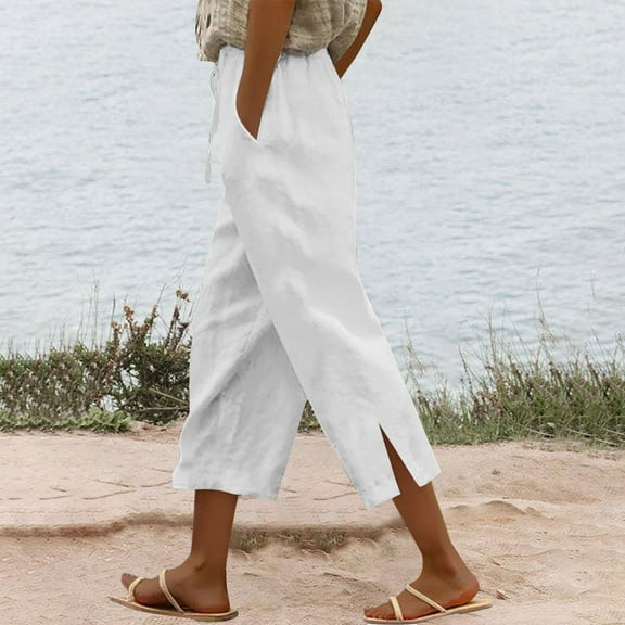 White Women's Casual Pants, Women Fashion High Waisted Wide Leg Pants Drawstring Elastic Trousers Comfy Straight Leg Long Pants With Pockets,Women's Casual Pants 3XL