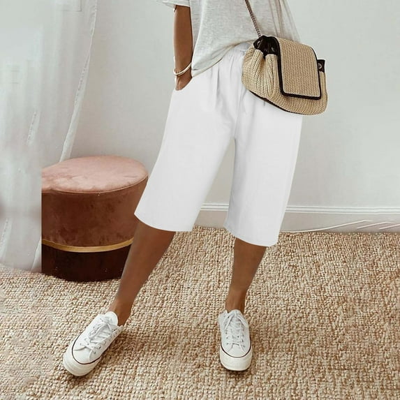 White Women's Casual Pants, Women'S Knee Length Short Pants Ladies Loose Drawstring Casual Solid Color Shorts,Women's Casual Pants XXL