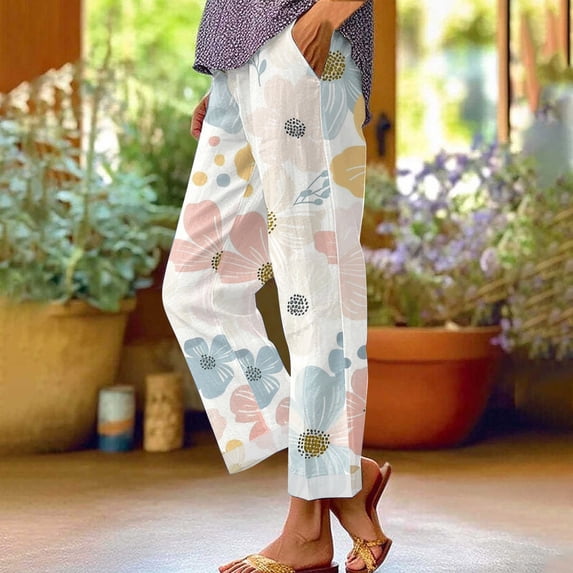 White Women's Casual Pants, Women'S Retro Printed Loose Pocket Patchwork Casual Cotton And Linen Pants,Women's Casual Pants 5XL
