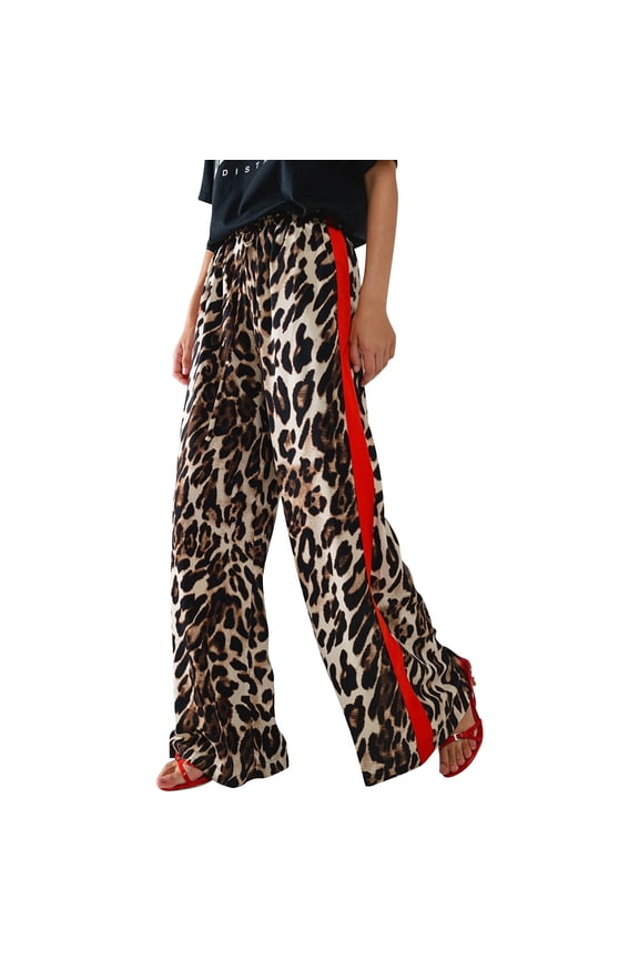 White Women's Casual Pants, Women's Leopard Print And Red Drawstring Wide Leg Pant, White Women's Casual Pants, Polyester Women's Pants Women's Casual Pants