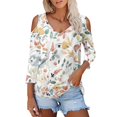 thumbnail image 1 of White Women's Long Sleeve T-shirt, 3/4 Length Sleeve Womens Tops 2025 Spring Neck Casual Print Tunic T Shirts Three Quarter Length Womens Tops,Women's Long sleeve T-shirt L, 1 of 7