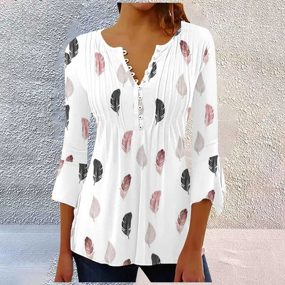 White Women's Long Sleeve T-shirt, Summer Tops For Women 2025 Trendy Boho Floral Print Tunic Shirts 7 Sleeve V Neck Tshirt Casual Loose Blouse,Women's Long sleeve T-shirt S