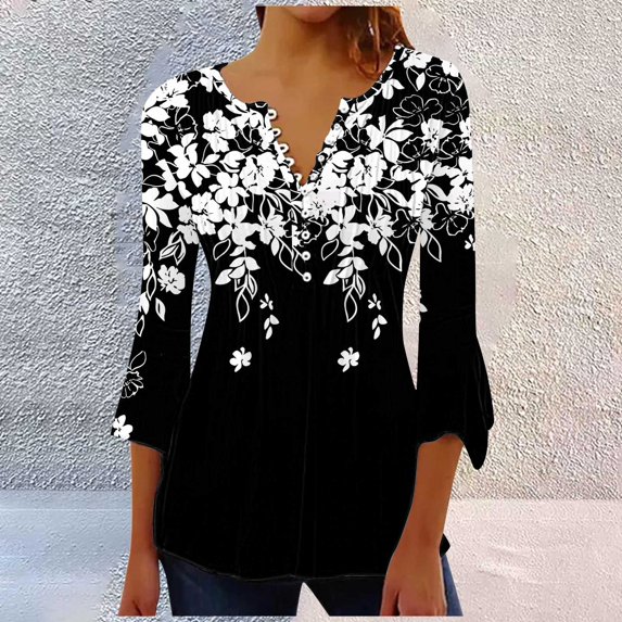White Women's Long Sleeve T-shirt, Summer Tops For Women 2025 Trendy Boho Floral Print Tunic Shirts 7 Sleeve V Neck Tshirt Casual Loose Blouse,Women's Long sleeve T-shirt XL