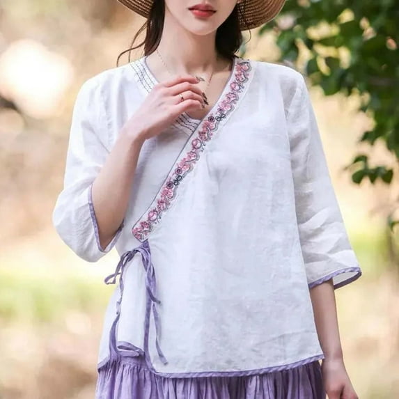 White Women's Long Sleeve T-shirt, Women Cotton Linen Shirts Vintage Chinese Embroidery 3/4 Sleeve Casual Trendy Tops Loose V Neck Side Tie Slit Blouse,Women's Long sleeve T-shirt M