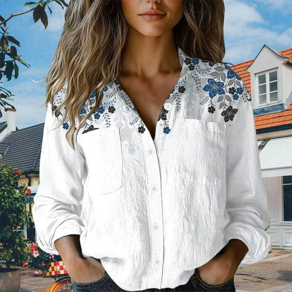 White Women's Long Sleeve T-shirt, Women Cotton Shirt Printed Fashion Button Down Shirts Casual Tops Long Sleeve Blouse,Women's Long sleeve T-shirt M