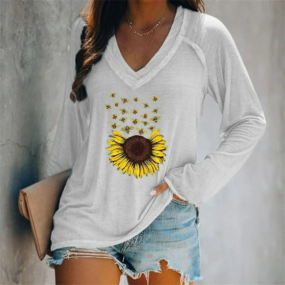 White Women's Long Sleeve T-shirt, Women'S Blend T Shirt Printed Long Sleeve V Neck Top,Women's Long sleeve T-shirt XXL