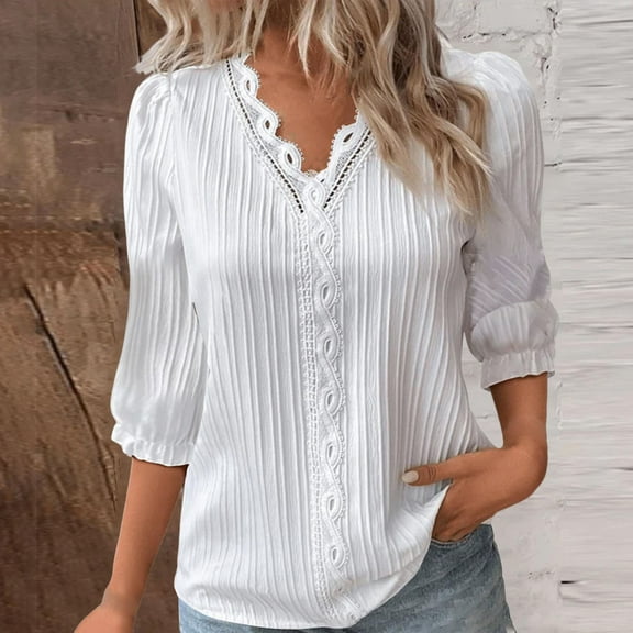 White Women's Long Sleeve T-shirt, Women Summer Lace V Neck Plain Lace Elegant Shirt Fashion Solid Color Elegant Blouse 3/4 Length Sleeve Plus Size Scrub Tops,Women's Long sleeve T-shirt XXL