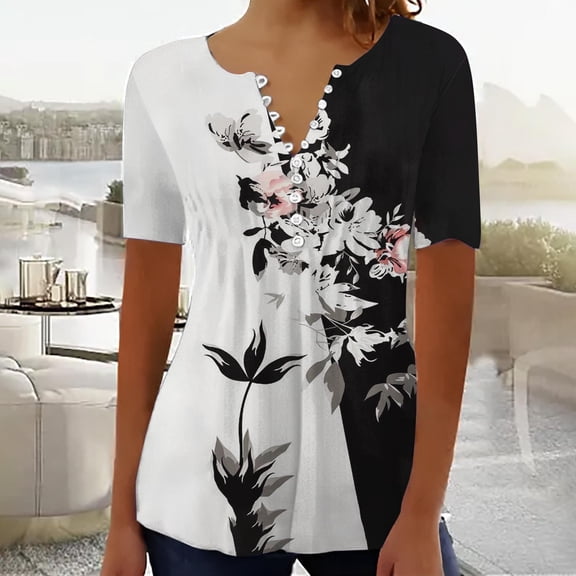 White Women's Short Sleeve T-shirt, Summer Tops For Women 2025 Trendy Boho Floral Print Tunic Shirts Short Sleeve V Neck Tshirt Casual Loose Blouse,Women's Short sleeve T-shirt XXL