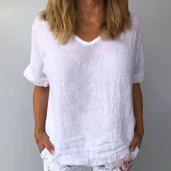 White Women's Short Sleeve T-shirt, Women Cotton And Linen Flower Art Short Sleeve V Neck Clause Shirt,Women's Short sleeve T-shirt S
