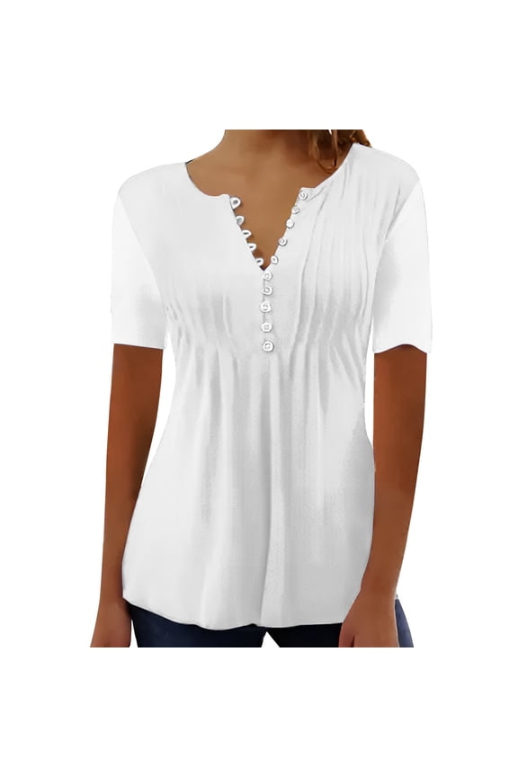 White Women's Short Sleeve T-shirt, Women'S Casual Pleated Round Neck Button Open Short Sleeve Loose T Shirt Shirt Top,Women's Short sleeve T-shirt L