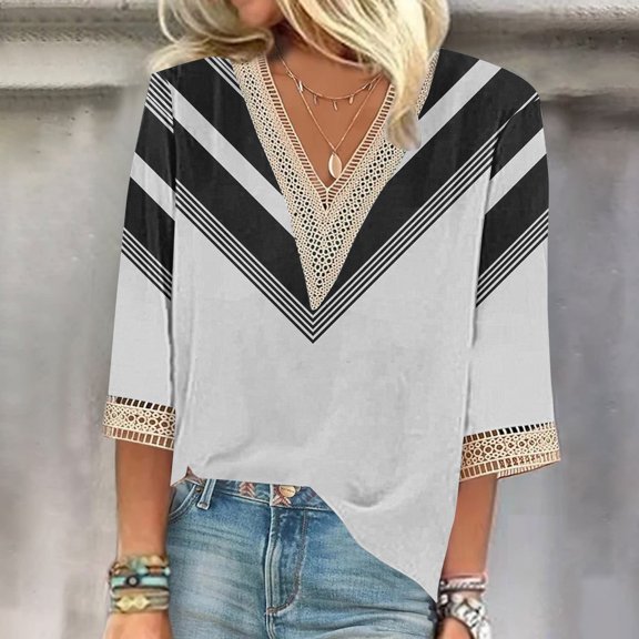 White Women's Short Sleeve T-shirt, Women'S V Neck Lace Edge Gradient Print Loose Seven Quarter Sleeve T Shirt,Women's Short sleeve T-shirt L