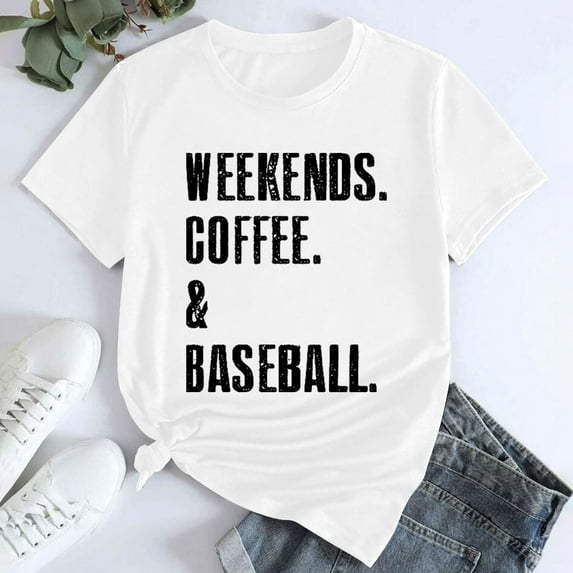 White Women's Short Sleeve T-shirt, Women'S Weekends Coffee Baseball Printed T Shirt Cotton Round Neck Casual Short Sleeves,Women's Short sleeve T-shirt L