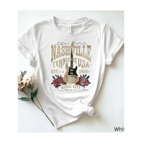 White Women's T - Shirt Made of Pure Cotton: Nashville Music City Guitar Theme