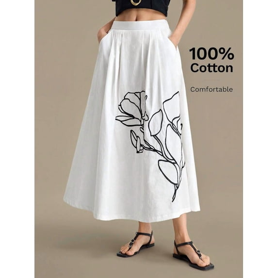 White Womens 100% Cotton A-Line Midi Skirt With Black Floral Embroidery And Side Pockets