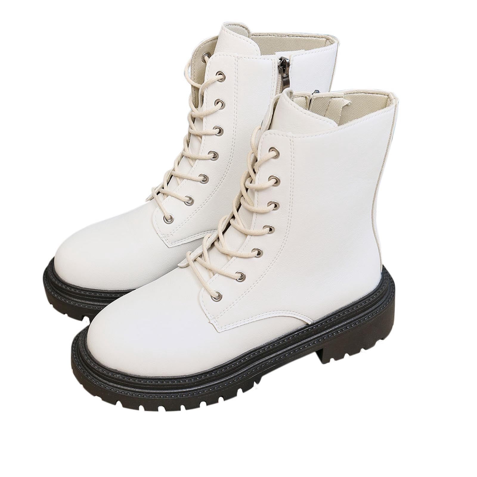 White Womens Ankle Boots Slip On Closure Low Heel Retro Style Winter ...