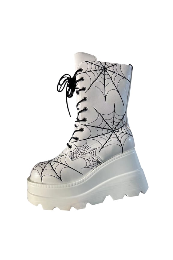 White Womens Ankle Boots Wedge Heel Round Toe Platform Gothic Style Web Decor Slip On Winter Fashion Foot Length 9.06 Inches
