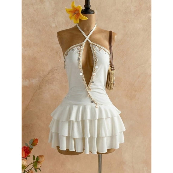 White Womens Backless Halter Mini Dress With Shell Embellishment And Tiered Ruffle Skirt For Beach Holiday