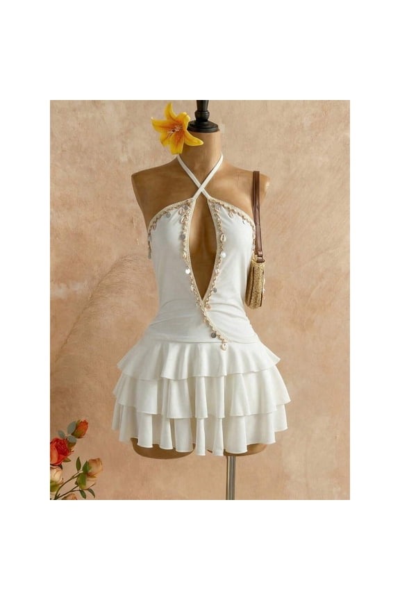 White Womens Backless Halter Mini Dress With Shell Embellishment And Tiered Ruffle Skirt For Beach Holiday