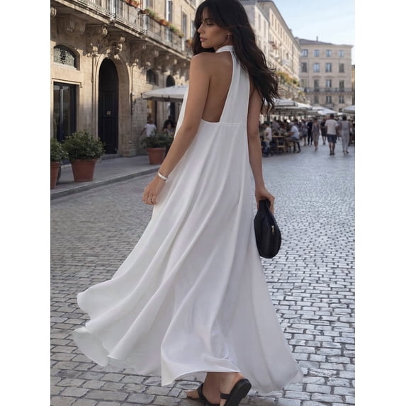 White Womens Backless Maxi Dress, Sleeveless Loose Flowy Summer Dress With Deep V-Neck