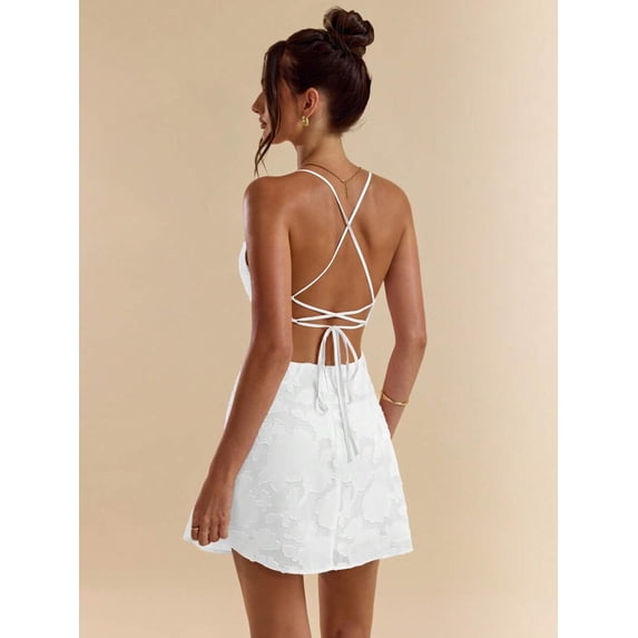 White Womens Backless Mini Dress With Cross-Back Tie Straps, Textured A-Line Fit For Party Or Date Night