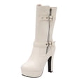 thumbnail image 1 of White Womens Belt Buckle Boots With Solid Color And Platform Heel Mid Calf High Heel For Chic And Comfortable Wear, 1 of 8