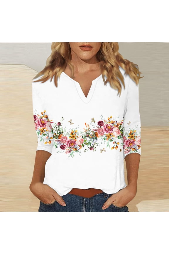 White Womens Blouses 3/4 Sleeve Tops for Women Summer Notched V Neck Plain T Shirts Casual Cute Three Quarter Length Blouses Ladies Tops and Blouses