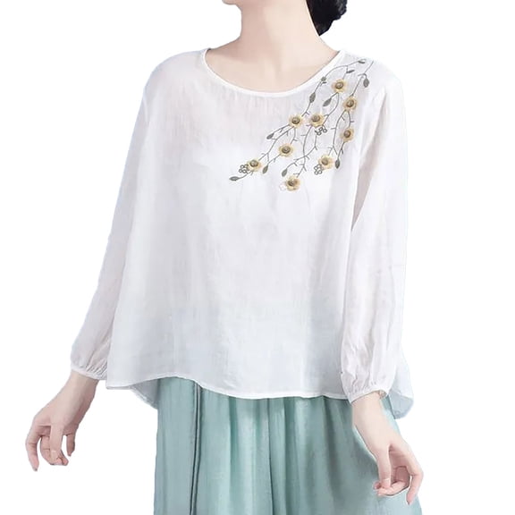 White Womens Blouses Embroidered Round Neck Long Sleeve T Shirt for Women Commuting Retro Literary Loose Solid Color Pullover Embroidered Base Top Summer Tops for Women