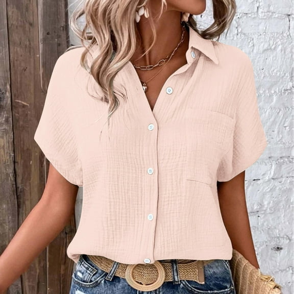 White Womens Blouses Ladies' Casual Double Layer Wrinkled Short Sleeved Solid Color Cardigan Summer Tops for Women