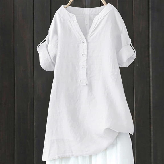 White Womens Blouses Loose Button Shirt Top Stand Solid Color Sleeve Collar Casual Women's Shirt Women's Shirt Ladies Tops and Blouses