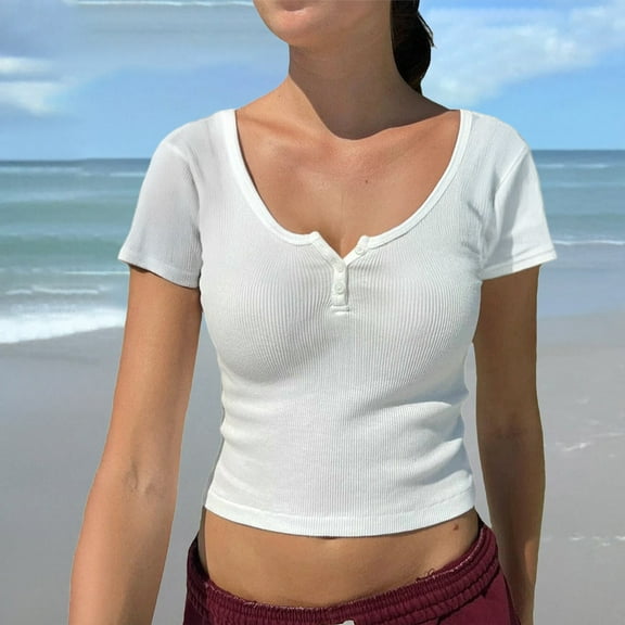 White Womens Blouses Summer Women's Y2K Waist Ribbed Button Collar Short Sleeve T Shirt Trendy Vintage Streetwear Top Ladies Tops and Blouses