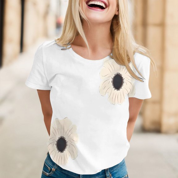 White Womens Blouses Women Daily Casual Flower Printed Short Sleeve O Neck T Shirt Tops Blouse Ladies Tops and Blouses