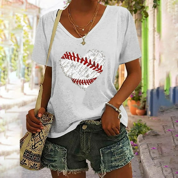 White Womens Blouses Women's Baseball Festival Solid Color Baseball Printed V Neck Short Sleeved Top Ladies Tops and Blouses