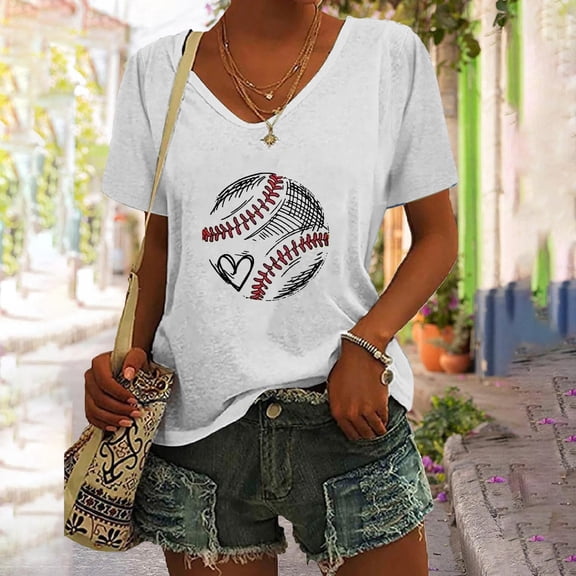 White Womens Blouses Women's Baseball Festival Solid Color Baseball Printed V Neck Short Sleeved Top