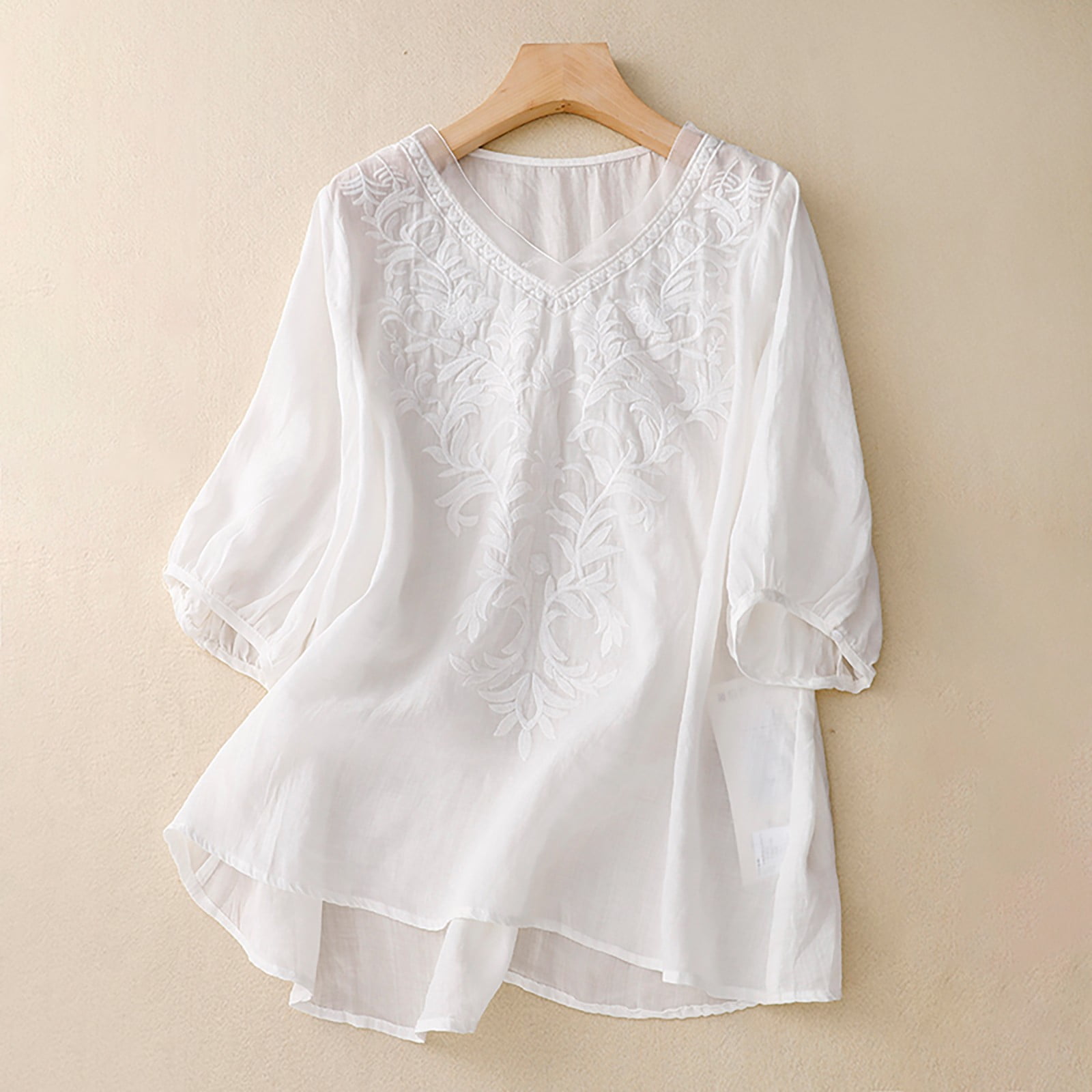 White Womens Blouses Women's Embroidered Blouse Cotton Linen Puff Short — free download