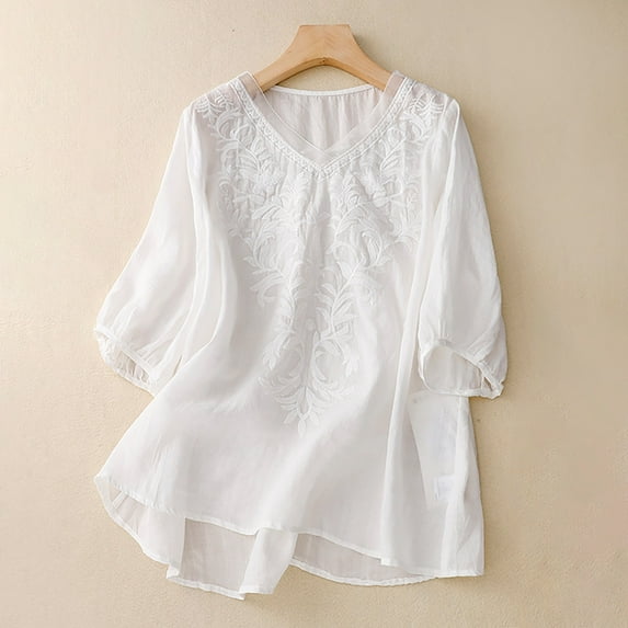 White Womens Blouses Women's Embroidered Blouse Cotton Linen Puff Short Sleeve Crew Neck Boho Top Summer Casual Loose Fit T Shirts Ladies Tops and Blouses