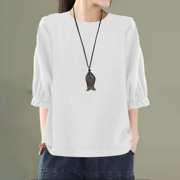 White Womens Blouses Women's Loose Round Neck Large Size Five Point Sleeve Top Ladies Tops and Blouses