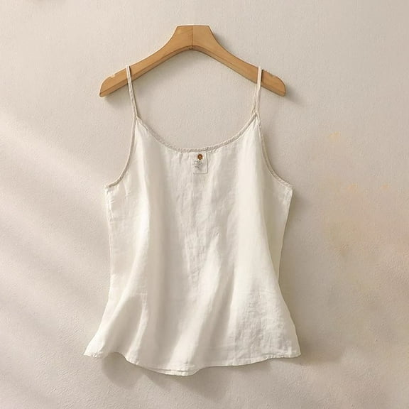 White Womens Blouses Womens Cotton Linen Camisole Tank Tops Causal O Neck Sleeveless Top Summer Loose Fit Spaghetti Strap Shirts Tees Ladies Tops and Blouses