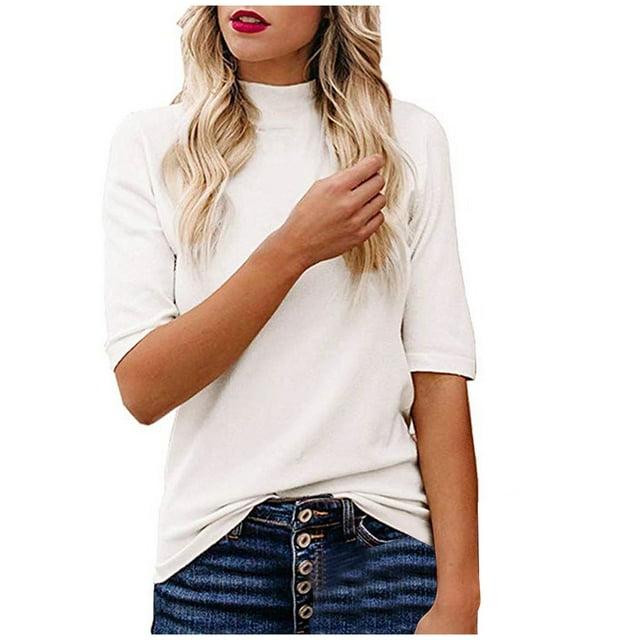 White Womens Blouses Womens Summer Plain T-Shirt Mock/Turtle Neck Half ...