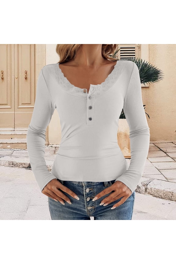 White Womens Blouses Y2K Long Sleeve T Shirt Lace Trimmed Open Collar Slim Fit Base Shirt Top for An Y2K Style Ladies Tops and Blouses