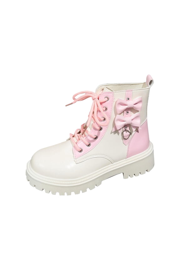 White Womens Bow Colorblock Boots Lace Up Round Toe Chunky Mid Heel Solid Casual Ankle Style