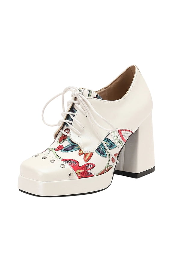 White Womens Casual Block Heel Lace Up Boots Thick Sole Platform Waterproof Fashionable Comfortable