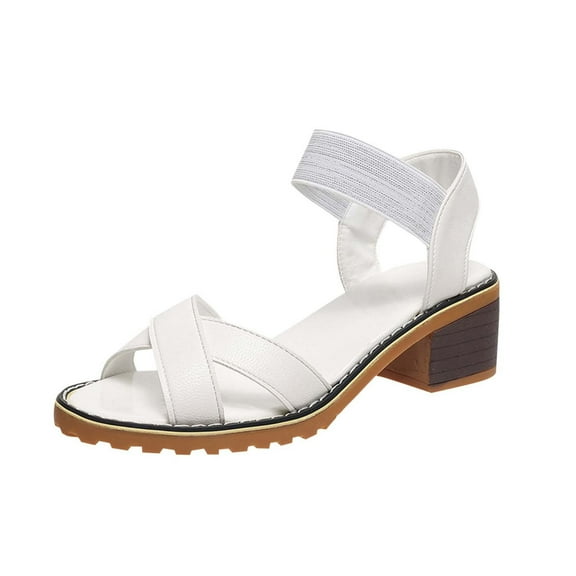 White Womens Casual Vacation Sandals With Buckle Strap Detail Chunky Heel Style In White For Summer