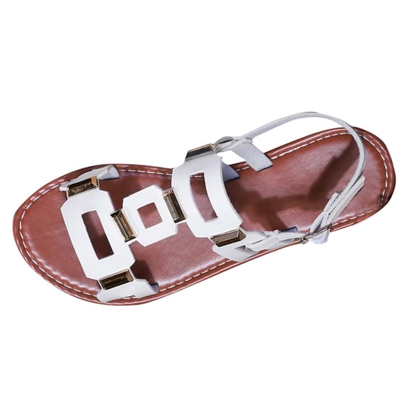 White Womens Casual Vacation Sandals With Double Buckle Detail Flat And Lightweight In White For Summer