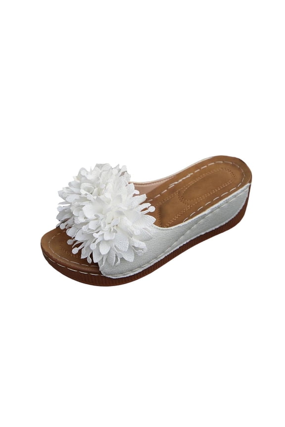 White Womens Casual Wedge Mule Slippers Suede With Floral Fish Mouth Design Size 9