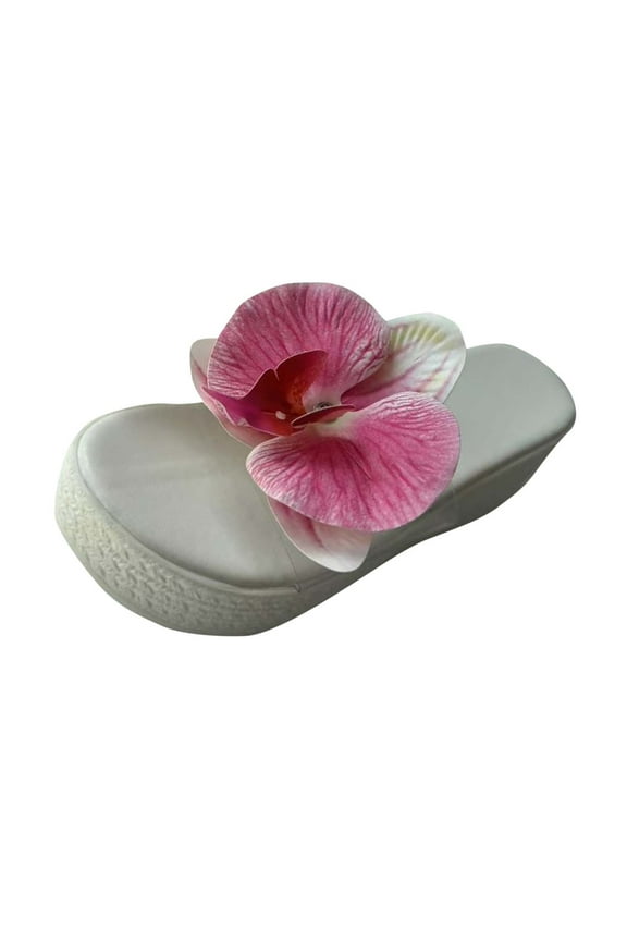 White Womens Casual Wedge Sandals Summer Flower Toe Post Floral Design Platform Sole Lightweight Beach Shoes