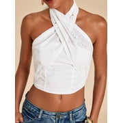 White Womens Cropped Criss-Cross Halter Top With Embroidered Floral Detail, Rave-Ready Style