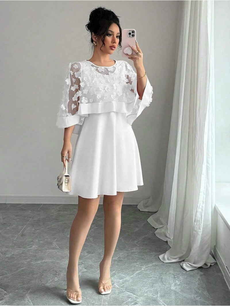 chiffon-overlay a-line dress White Womens Elegant Floral Appliqué Chiffon Overlay Short With Bell Sleeves NPU-Jhel-201930