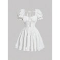 thumbnail image 1 of White Womens Elegant Solid Color Front Tie Ruffle Hem Dress With Puffed Sleeves, 1 of 5